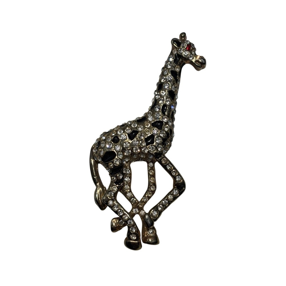 Vintage Gold Tone Rhinestone Red Eye Black Enamel Spots Giraffe Brooch Pin